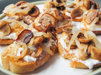Caramelized Onion and Mushroom Crostini with Feta and Roasted Garlic Cheese Spread