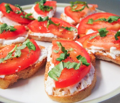 Tomato and Fresh Basil Crostini with Feta and Roasted Garlic Cheese Spread