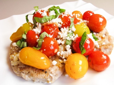 Pork Chops with Tomatoes, Caramelized Onions and Feta Cheese