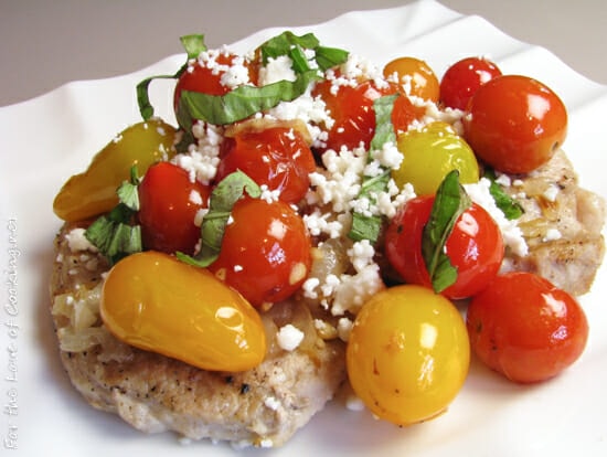 Pork Chops with Tomatoes, Caramelized Onions and Feta Cheese