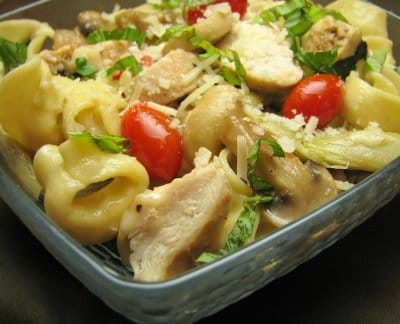 Chicken, Mushrooms and Artichoke Hearts with Cheese Tortellini in a Light Lemon Butter Sauce