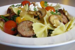 Farfalle with Chicken Sausage, Mushrooms, Grape Tomatoes and Feta