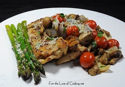 Roasted Chicken Thighs with Tomatoes, Garlic, Asparagus, and Mushrooms