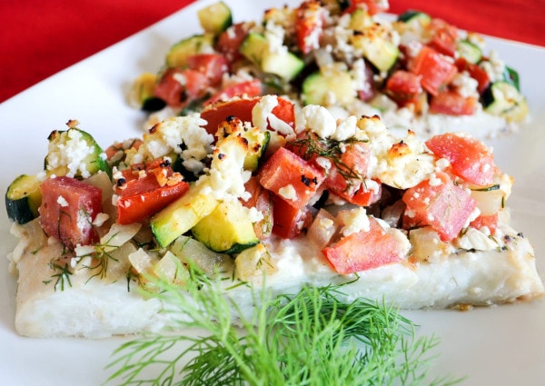 Baked Halibut Topped with Zucchini, Tomato, Dill, and Feta