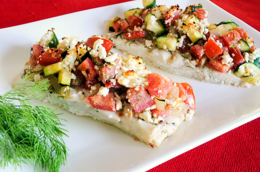 Baked Halibut Topped with Zucchini, Tomato, Dill, and Feta