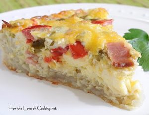 Canadian Bacon, Green Chile, & Cheddar Quiche with a Shredded Potato Crust