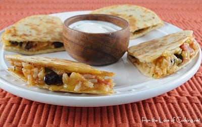 Mexican Tomato Rice and Bean Quesadilla with Sharp Cheddar and Sour Cream