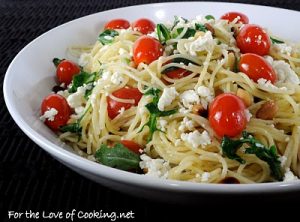 Angel Hair Pasta with Arugula, Feta Cheese, Tomatoes, and Pine Nuts
