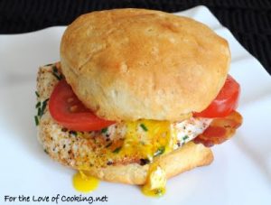 Spicy Herbed Egg, Tomato, and Bacon Biscuit Sandwich