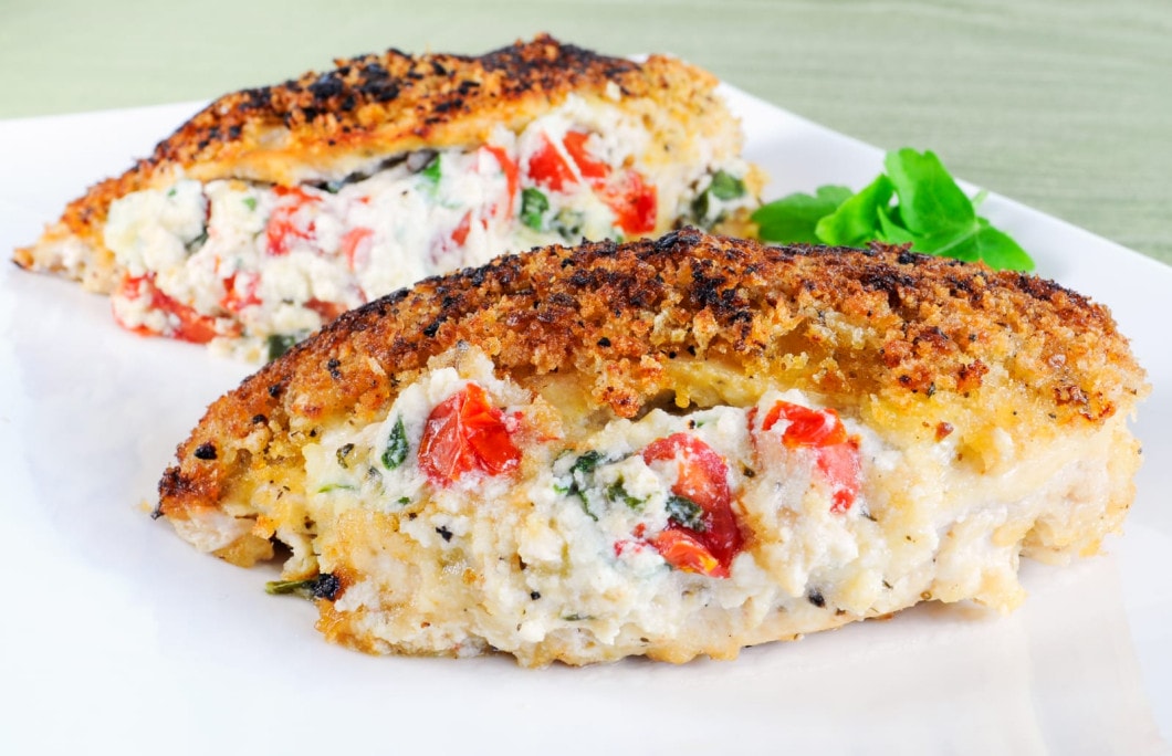 Panko-Crusted Chicken Stuffed with Ricotta, Spinach, Tomatoes, and Basil