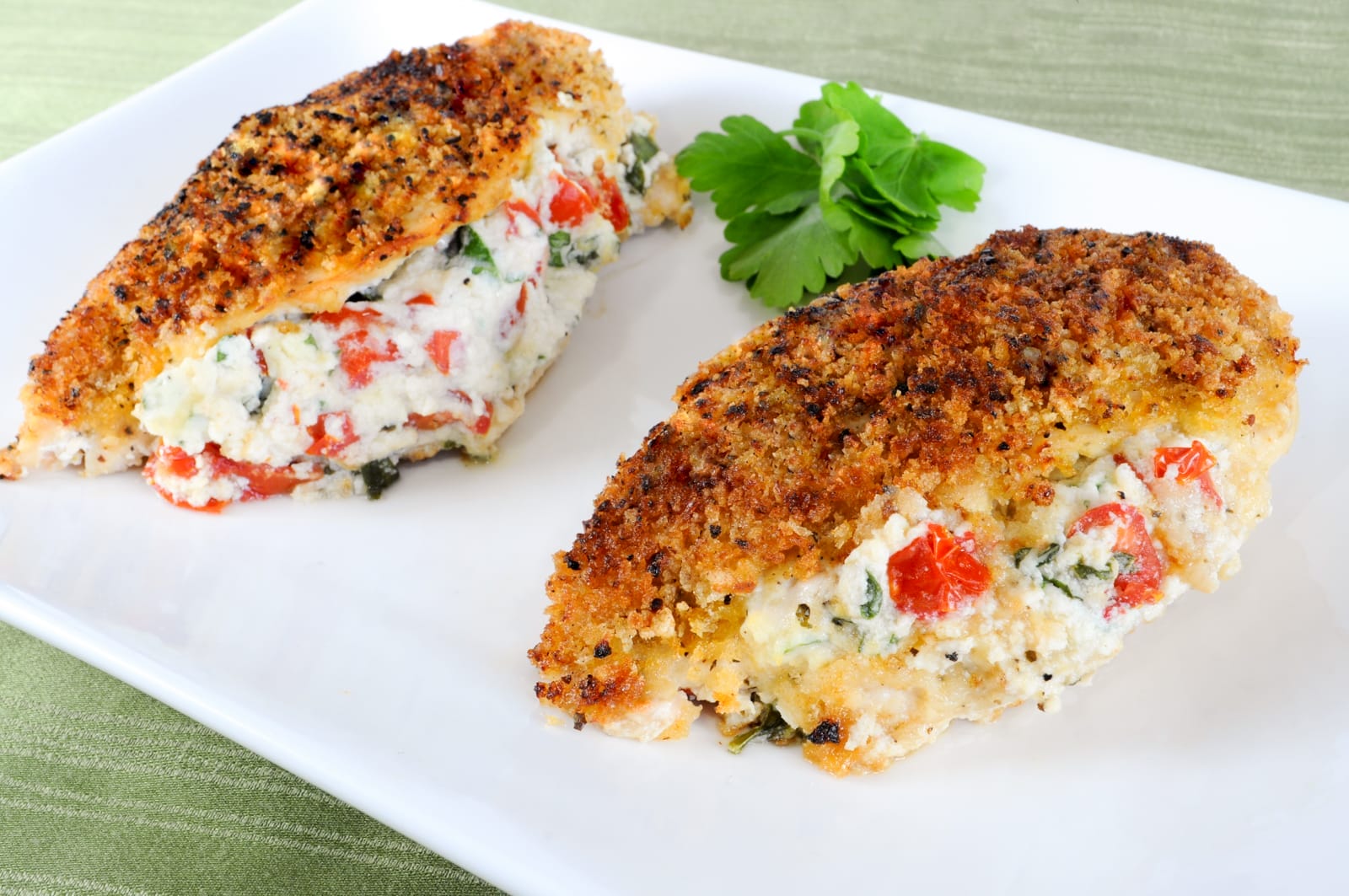 Panko Crusted Chicken Stuffed with Ricotta Spinach Tomatoes and Basil