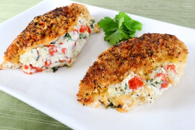 Panko Crusted Chicken Stuffed with Ricotta, Spinach, Tomatoes, and Basil