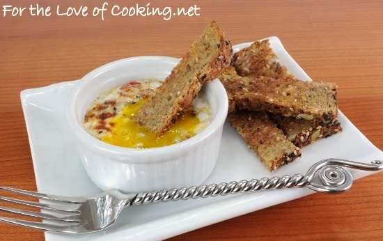 Parmesan and Tomato Baked Egg with Toast Soldiers
