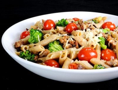Whole Wheat Penne with Turkey Italian Sausage, Broccoli, Tomatoes, and Parmesan