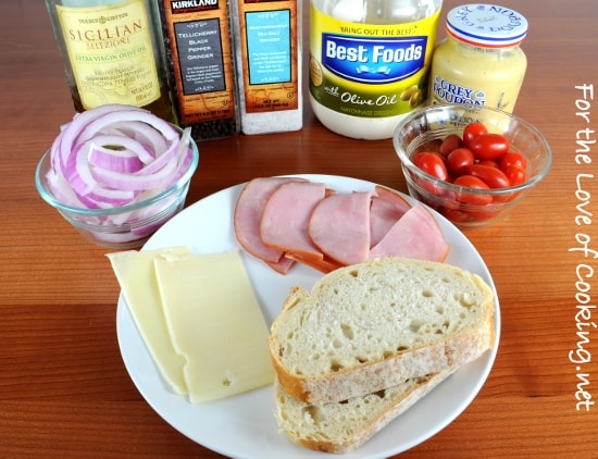 Ham, Swiss, Caramelized Onion, and Sautéed Tomato Open Faced Sandwich