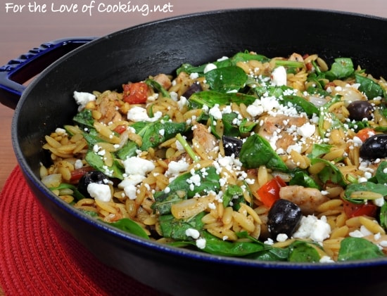 Chicken, Orzo, and Spinach Skillet with Kalamata Olives, Tomatoes, and Basil