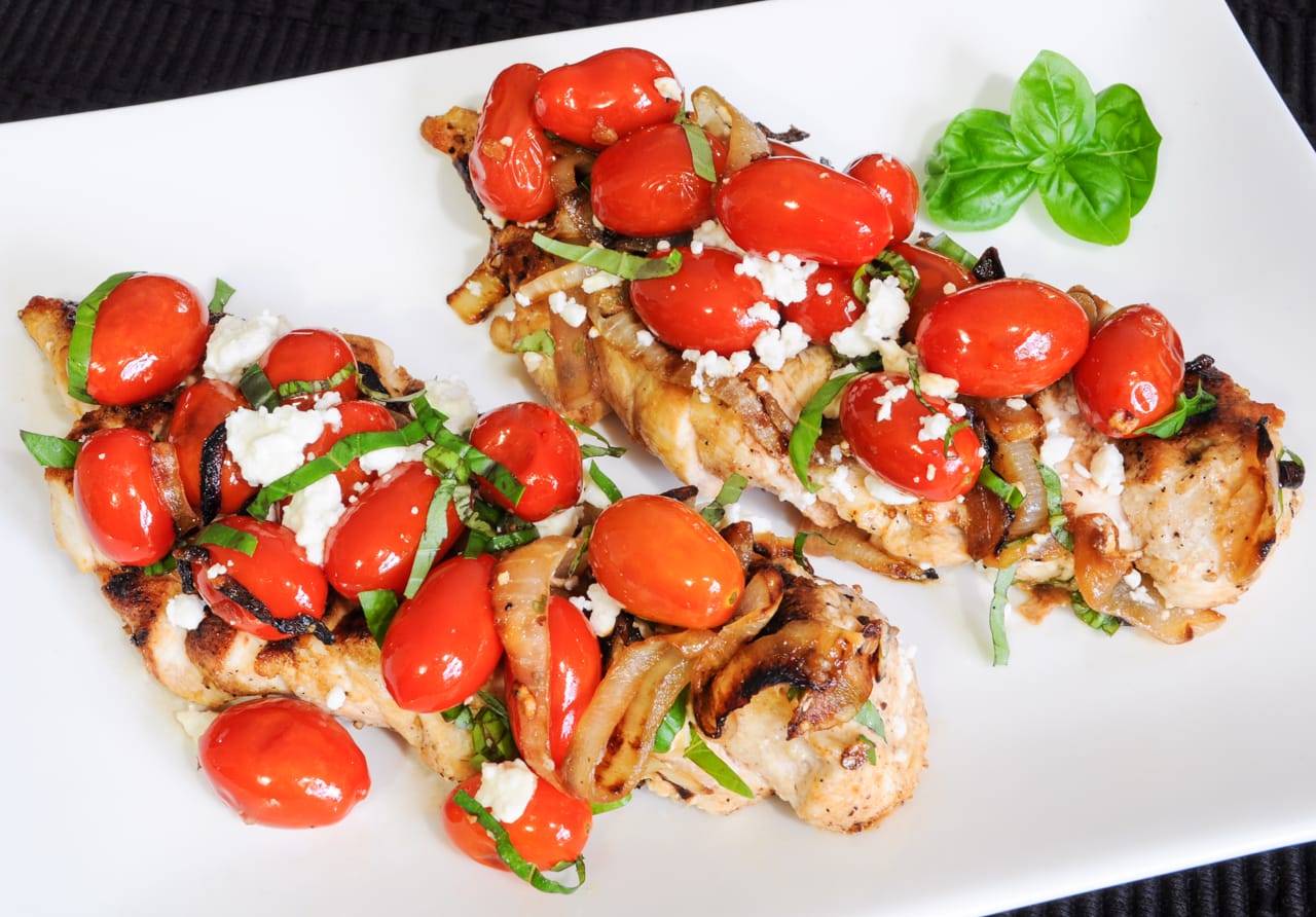 Chicken Breasts with Tomatoes, Caramelized Onions, and Feta Cheese