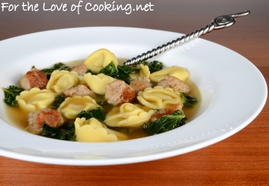 Cheese Tortellini Soup with Turkey Italian Sausage and Kale