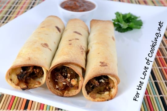 Shredded Beef, Caramelized Onion, and Cotija Cheese Baked Flautas