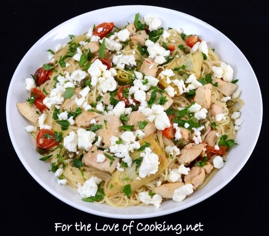 Angel Hair Pasta with Chicken, Artichoke Hearts, Tomatoes, Capers, Feta, and Lemon