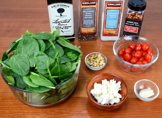 Spinach Sauté with Grape Tomatoes, Feta Cheese, and Toasted Pine Nuts
