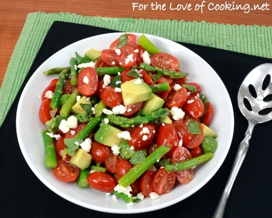 Cherry Tomato, Asparagus, and Avocado Salad Topped with Basil and Feta