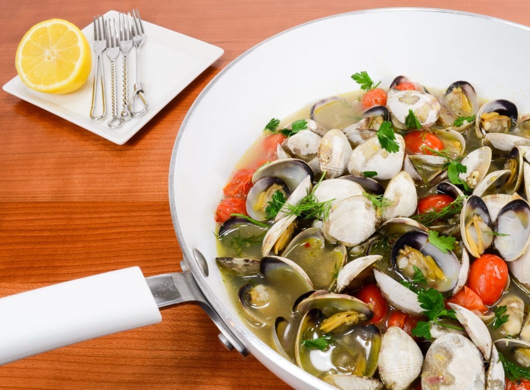 Steamer Clams with Tomato, Garlic, Lemon, Dill, and Parsley
