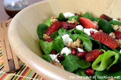 Spinach Salad with Strawberries, Candied Walnuts, Feta, and Pomegranate Seeds