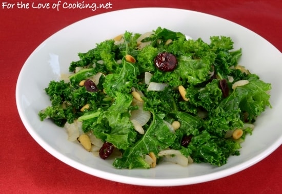 Sautéed Garlicky Kale with Onions, Pine Nuts, and Craisins