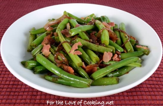 Soy and Garlic Green Beans with Bacon and Caramelized Red Onions