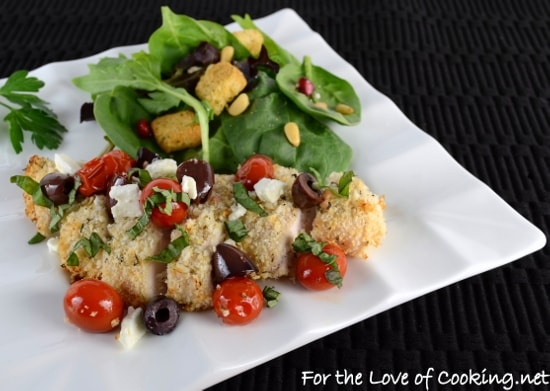 Greek Style Panko Crusted Chicken Breasts topped with Tomatoes, Kalamata Olives, Feta, and Basil