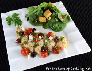 Greek Style Panko Crusted Chicken Breasts topped with Tomatoes, Kalamata Olives, Feta, and Basil