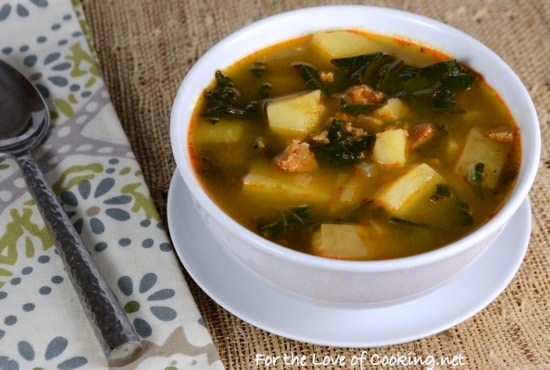Portuguese Caldo Verde - Soup with Potatoes, Kale, and Chorizo