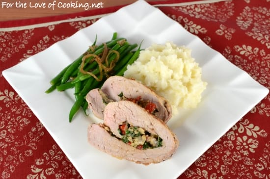 Pork Tenderloin Stuffed with Spinach, Roasted Bell Pepper, Mushroom, and Parmesan