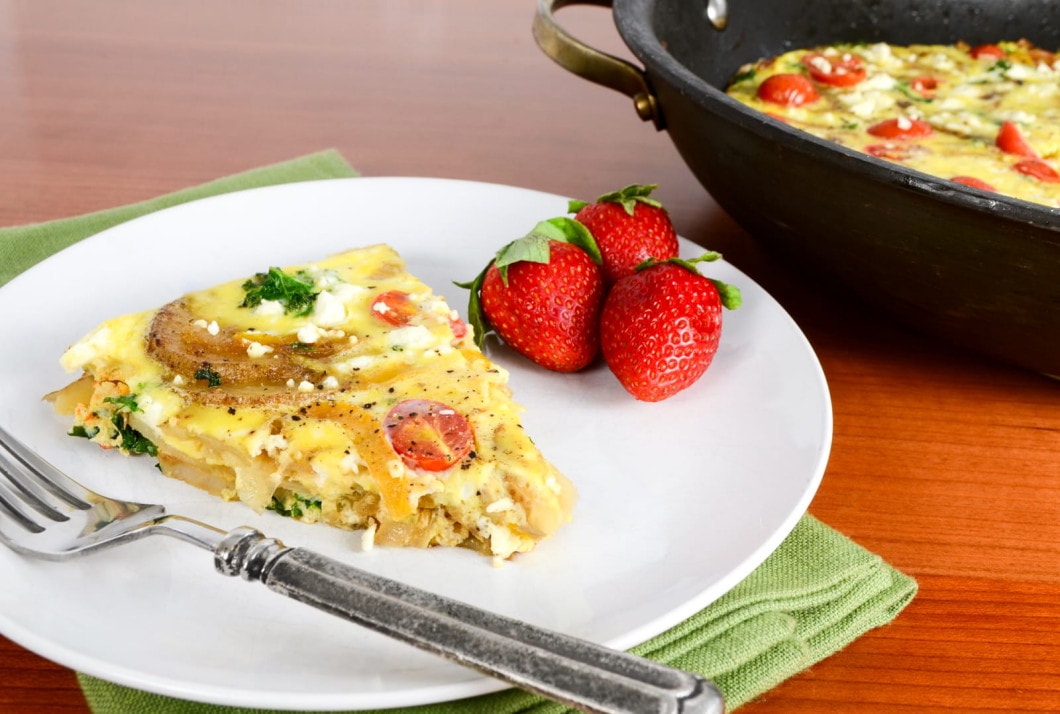 Baked Spanish Tortilla with Potato, Bell Pepper, Onion, Kale, Tomato, and Feta