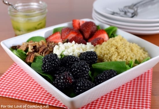Berry Quinoa Spinach Salad with White Balsamic Basil Vinaigrette