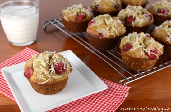 Toasted Coconut, Banana, and Raspberry Muffins