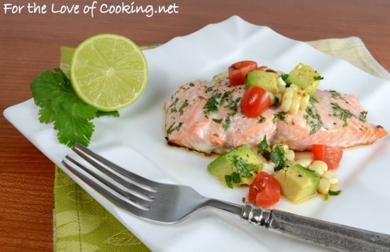Lime & Cilantro Salmon with Grilled Corn and Avocado Salsa
