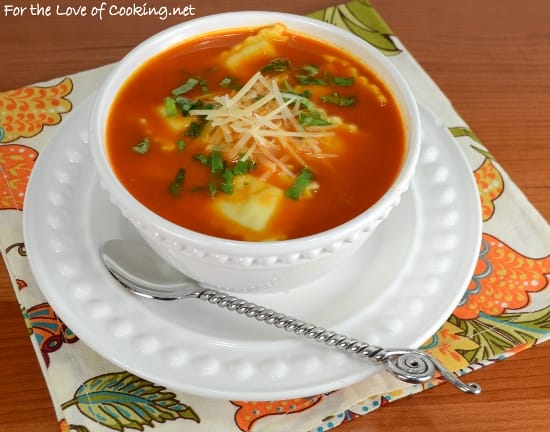 Slow-Roasted Tomato Soup with Cheese Ravioli and Fresh Basil