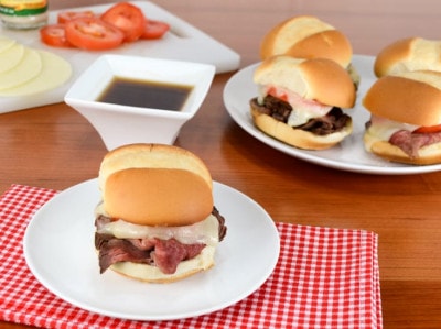 French Dip Sliders with Tomato and Provolone