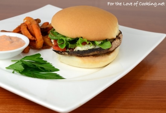 Roasted Portobello Burgers with Roasted Bell Pepper and Boursin Cheese
