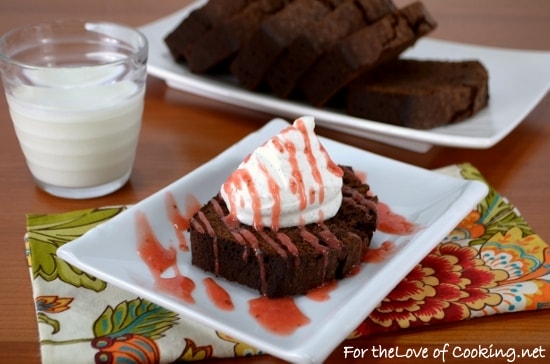 Chocolate Pound Cake with Strawberry Sauce and Vanilla Bean Whipped Cream