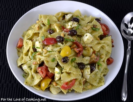 Pesto Pasta Salad with Heirloom Tomatoes, Mozzarella, and Olives