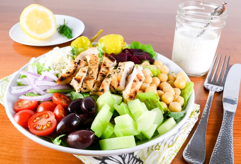Greek Salad with Lemon-Herb Grilled Chicken and Creamy Greek Dressing
