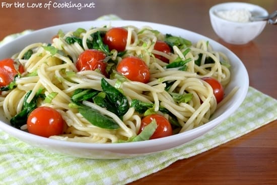 Spaghetti with Cherry Tomatoes Spinach Basil and Parmesan For