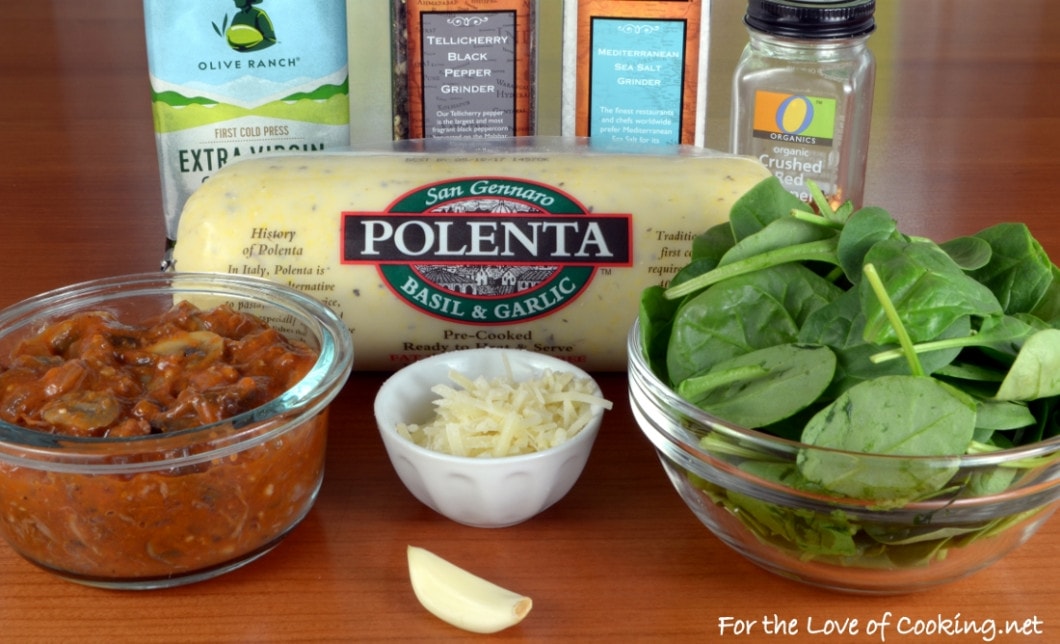 Crisp Polenta Topped with Sautéed Spinach and Slow-Simmered Mushroom & Meat Sauce