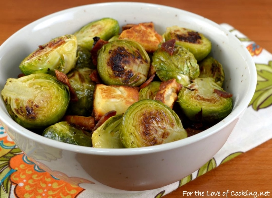Roasted Brussels Sprouts with Bacon and Halloumi