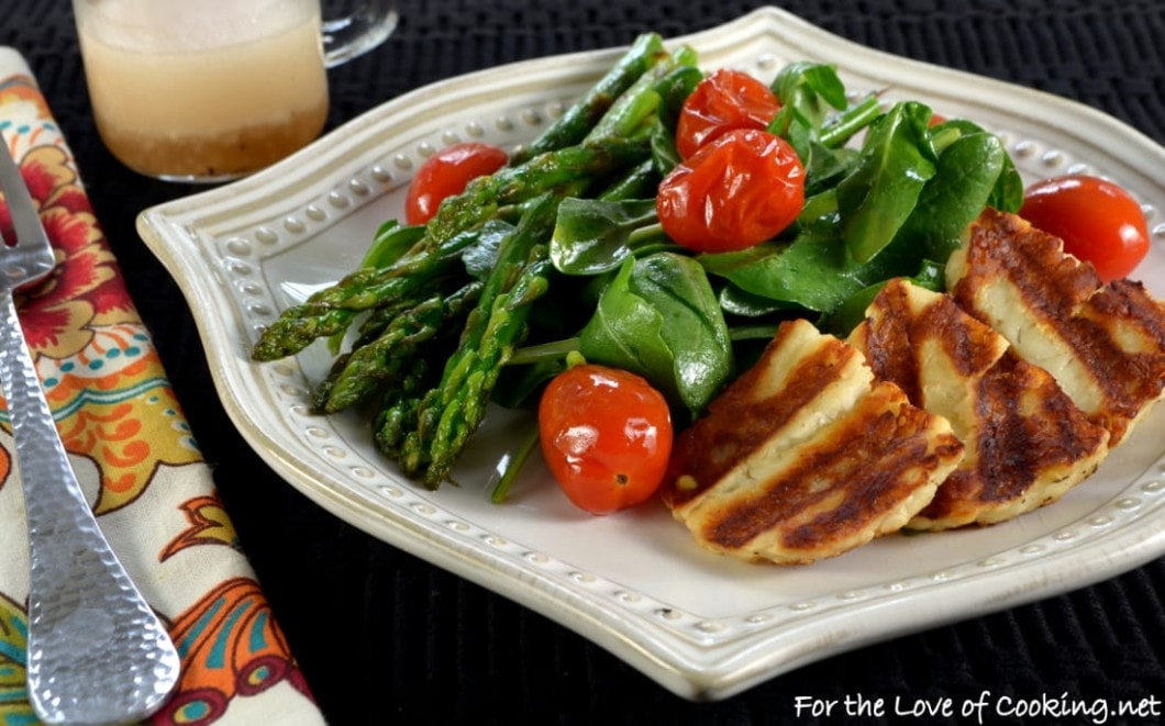 Grilled Asparagus, Tomato, and Halloumi Salad with Arugula and Spinach