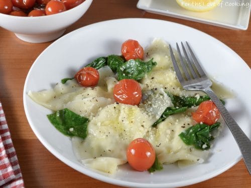 Basil Ricotta Ravioli with Spinach and Blistered Tomatoes