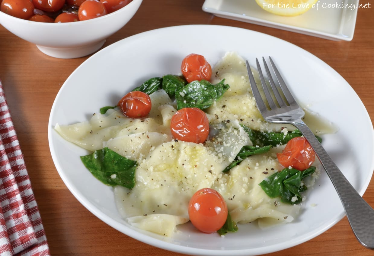 Basil Ricotta Ravioli with Spinach and Blistered Tomatoes For